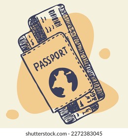 Vector illustration of plane tickets and passport drawn by hand, concept of travel, adventure, vacation.