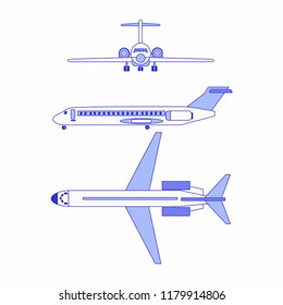 Vector illustration of  Plane, top, front, side, on white background. Civil aircraft journey and aviation vector symbols isolated.