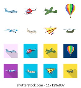 Vector illustration of plane and transport icon. Set of plane and sky stock symbol for web.