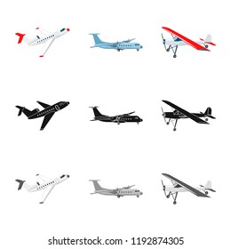 Vector illustration of plane and transport icon. Set of plane and sky vector icon for stock.