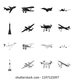 Vector illustration of plane and transport icon. Set of plane and sky vector icon for stock.