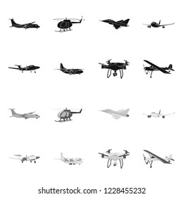 Vector illustration of plane and transport icon. Set of plane and sky vector icon for stock.