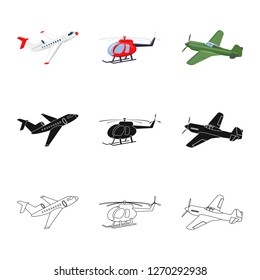 Vector illustration of plane and transport icon. Collection of plane and sky vector icon for stock.