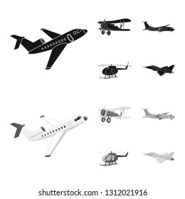 Vector illustration of plane and transport icon. Collection of plane and sky stock symbol for web.