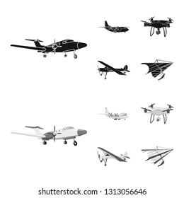 Vector illustration of plane and transport icon. Set of plane and sky stock vector illustration.