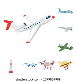 Vector illustration of plane and transport icon. Collection of plane and sky vector icon for stock.