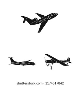 Vector illustration of plane and transport logo. Set of plane and sky vector icon for stock.