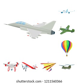 Vector illustration of plane and transport logo. Collection of plane and sky vector icon for stock.