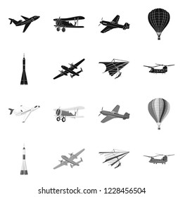 Vector illustration of plane and transport logo. Collection of plane and sky stock symbol for web.