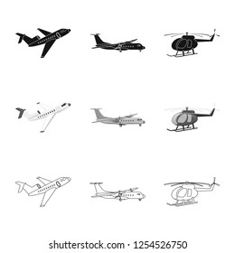 Vector illustration of plane and transport logo. Set of plane and sky vector icon for stock.