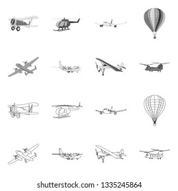 Vector illustration of plane and transport logo. Set of plane and sky stock vector illustration.