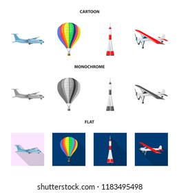 Vector illustration of plane and transport sign. Collection of plane and sky vector icon for stock.