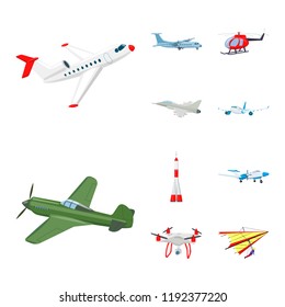 Vector illustration of plane and transport sign. Set of plane and sky stock vector illustration.