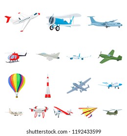 Vector illustration of plane and transport sign. Collection of plane and sky vector icon for stock.