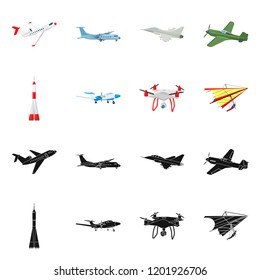 Vector illustration of plane and transport sign. Collection of plane and sky stock symbol for web.