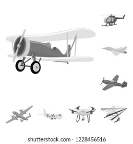 Vector illustration of plane and transport sign. Collection of plane and sky vector icon for stock.