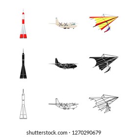 Vector illustration of plane and transport sign. Collection of plane and sky stock vector illustration.