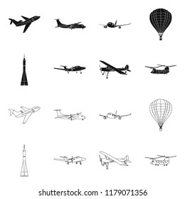 Vector illustration of plane and transport symbol. Set of plane and sky stock symbol for web.