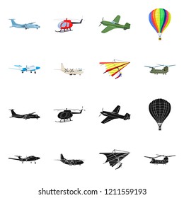 Vector illustration of plane and transport symbol. Collection of plane and sky stock symbol for web.