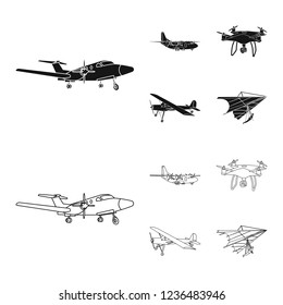 Vector illustration of plane and transport symbol. Set of plane and sky vector icon for stock.