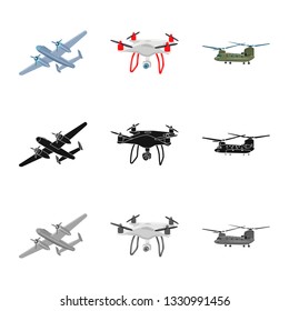 Vector illustration of plane and transport symbol. Collection of plane and sky stock vector illustration.