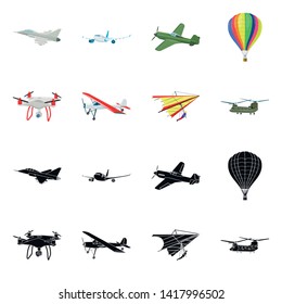 Vector illustration of plane and transport symbol. Set of plane and sky stock symbol for web.