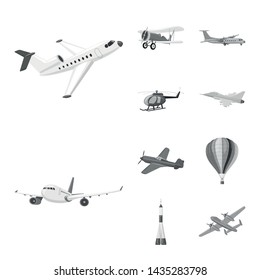 Vector illustration of plane and transport symbol. Collection of plane and sky stock symbol for web.
