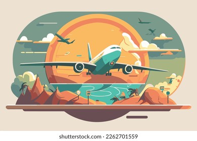 ilustración vectorial del viaje del plano, imagen de fondo con paisaje