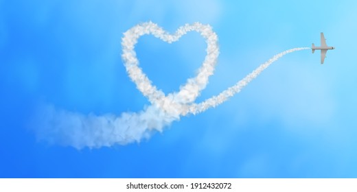 Vector illustration with the plane and white heart shaped smoke trail isolated on sky background. Good for Valentine's Day greeting cards, airshow posters, travel agency social media banners.