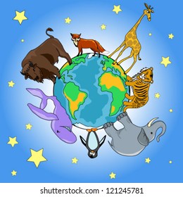 vector illustration of a planet and animals