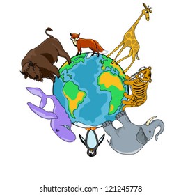 Vector illustration of a planet and animals isolated on white background
