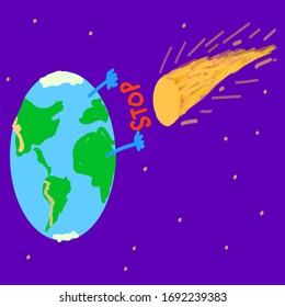 Vector illustration of planet and approaching Atlas comet, dangerous distance to cosmic object, hand drawn image in cartoon style of Earth and bright comet with tail, approaching asteroid