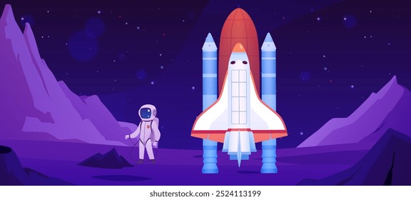 Vector illustration of a planet with an astronaut in a spacesuit landing on a rocket, standing among the rocks. A fantasy game landscape under a blue starry sky.