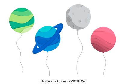 Vector illustration of planet ballons. Concept for a greeting card, birthday card. Cosmic Planet paper cut, paper art. Planet and satellite double exposure 