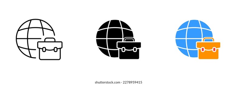 A vector illustration of a planet with a briefcase icon, which represents global business and finance. Vector set of icons in line, black and colorful styles isolated.