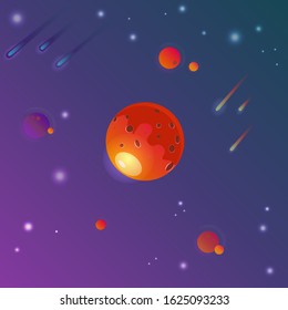 Vector illustration of a planet with comets in the starry sky