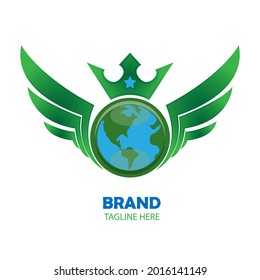 vector illustration of planet earth with blue water and green soil in a circle in the middle of the wing, above it is a king's crown. good for icon and logo, coo green, earth care company.