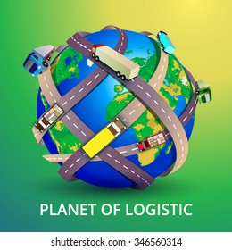 Vector illustration with planet Earth and cargo trucks. Logistic