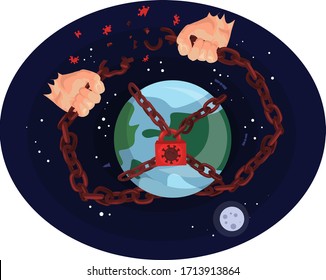 Vector illustration of planet earth chained by coronavirus