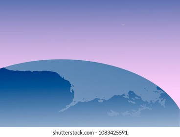 Vector illustration of planet earth from the dawn of the ocean, clouds and airplane