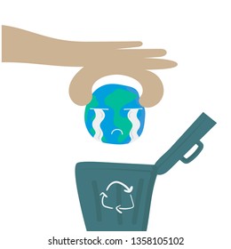 vector illustration planet earth dumped to trash can environment waste go green pollution cry in flat design cartoon style
