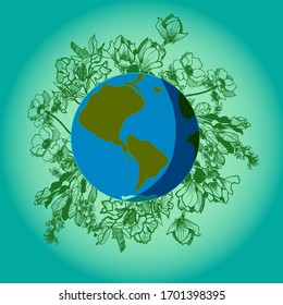 Vector illustration of planet Earth in a flowers circle. Concept of enviromental concern. 