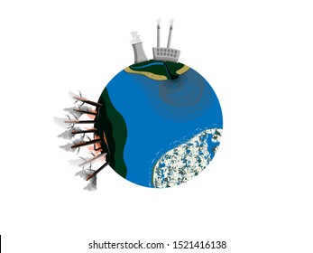 Vector Illustration Of Planet Earth With Global Ecological Disasters: Forest Burning, Plant Emissions Into World Ocean, Littering, Great Pacific Garbage Patch. 