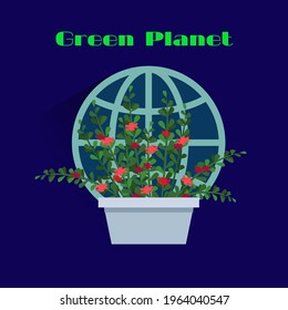 Vektorgrafik. Planet Erde mit grünen Pflanzen und Blumen. Die Inschrift ist ein grüner Planet.