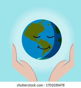 Vector illustration of the planet Earth in hands. Concept to enviromrntal concern. Green, clean, happy planet in a flat style
