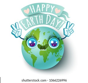 Vector illustration of a planet Earth in kawaii style. Planet Earth with Peace symbol. Happy Earth day!