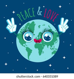 Vector illustration of a planet Earth in kawaii style. Cartoon planet Earth with text Peace and Love.
