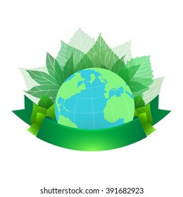 Vector illustration of planet Earth with leaves and green ribbon for text. Vector element for your design