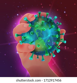 Vector illustration of planet earth looking like corona virus holded in hand