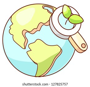 A vector illustration of planet Earth with a magnifying glass
